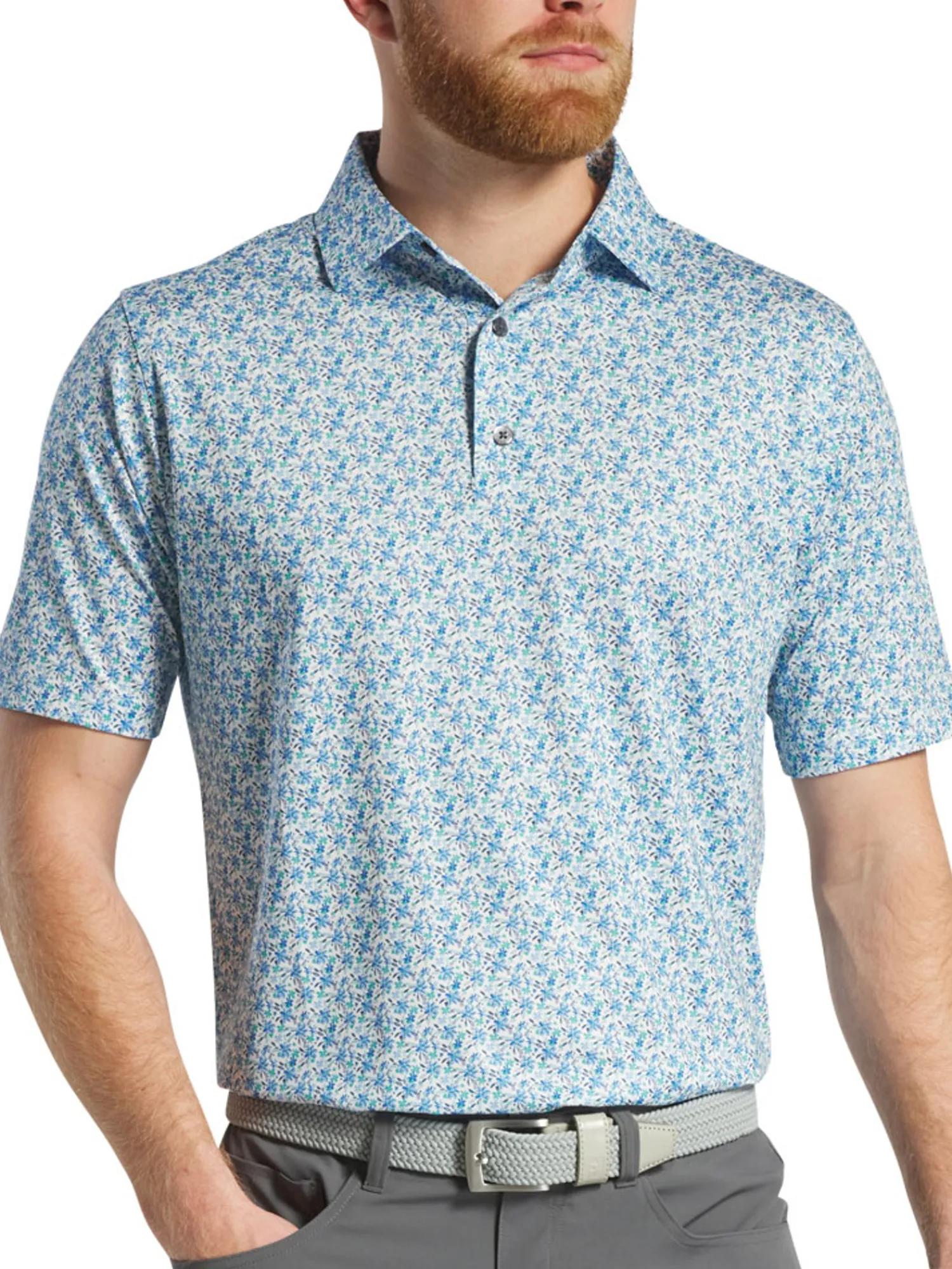 FootJoy Shirts|Allover Floral Print Lisle Polo Shirt (Athletic Fit) - White/Blue