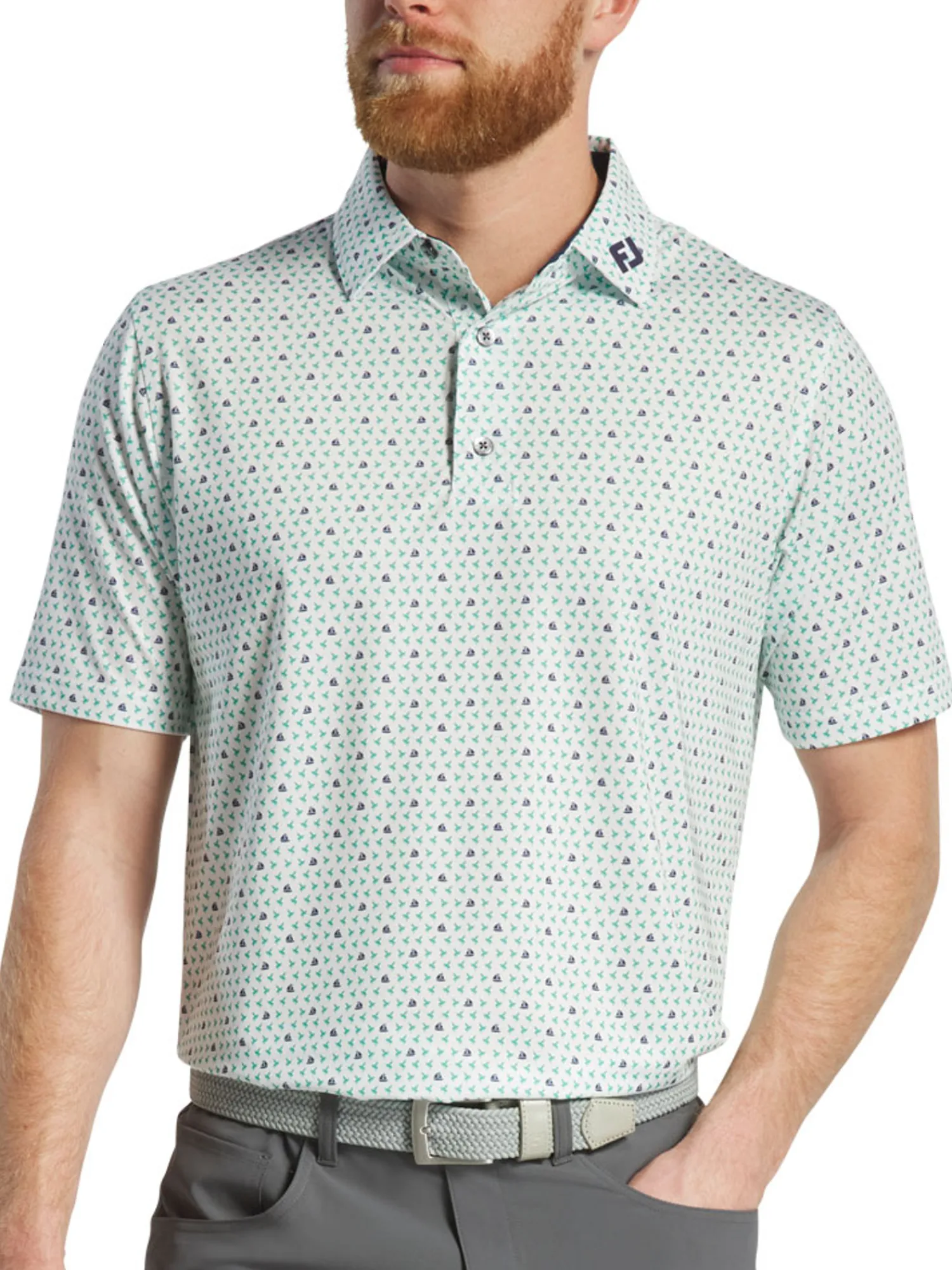 FootJoy Shirts|Flying Wasp Print Lisle Polo Shirt (Athletic Fit) - White/Emerald/Navy