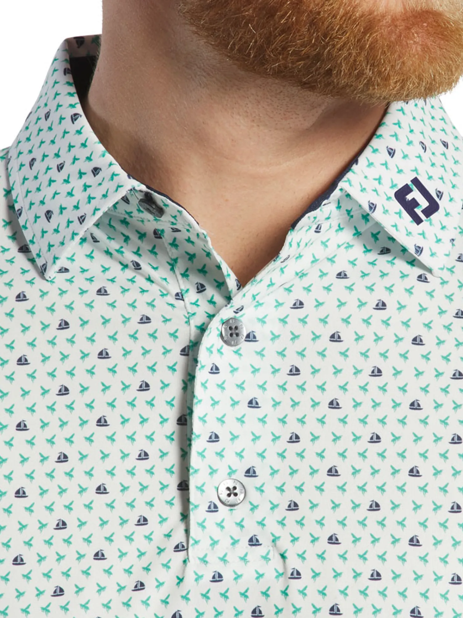 FootJoy Shirts|Flying Wasp Print Lisle Polo Shirt (Athletic Fit) - White/Emerald/Navy