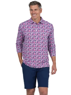 IBKUL Shirts|Chaos Print Long Sleeve Polo - Watermelon/Ink