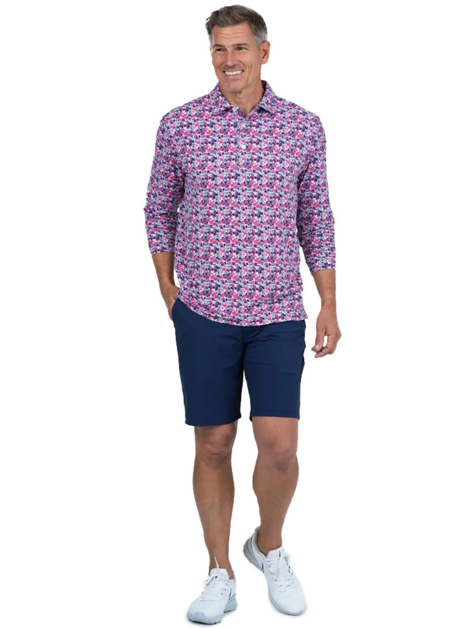 IBKUL Shirts|Chaos Print Long Sleeve Polo - Watermelon/Ink