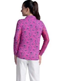 IBKUL Shirts|Diana Print Long Sleeve Zip Polo - Hot Pink/Navy