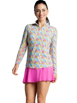 IBKUL Shirts|Game On Print Long Sleeve Mock Neck Top - Raspberry/Turquoise