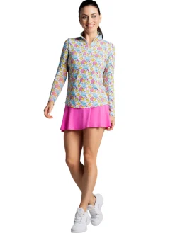 IBKUL Shirts|Game On Print Long Sleeve Mock Neck Top - Raspberry/Turquoise