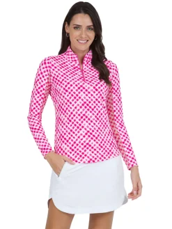 IBKUL Shirts|Gingham Check Long Sleeve Mock Neck Top - Hot Pink/White