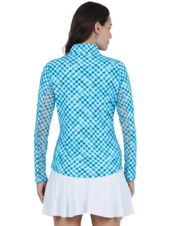 IBKUL Shirts|Gingham Check Long Sleeve Mock Neck Top - Turquoise/White