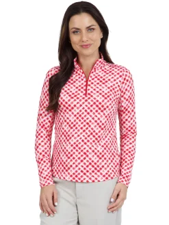 IBKUL Shirts|Gingham Check Long Sleeve Mock Neck Top - Red/White