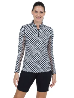 IBKUL Shirts|Gingham Check Long Sleeve Mock Neck Top - Black/White