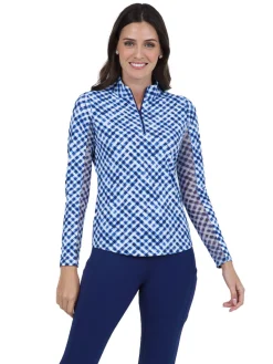 IBKUL Shirts|Gingham Check Long Sleeve Mock Neck Top - Navy/White