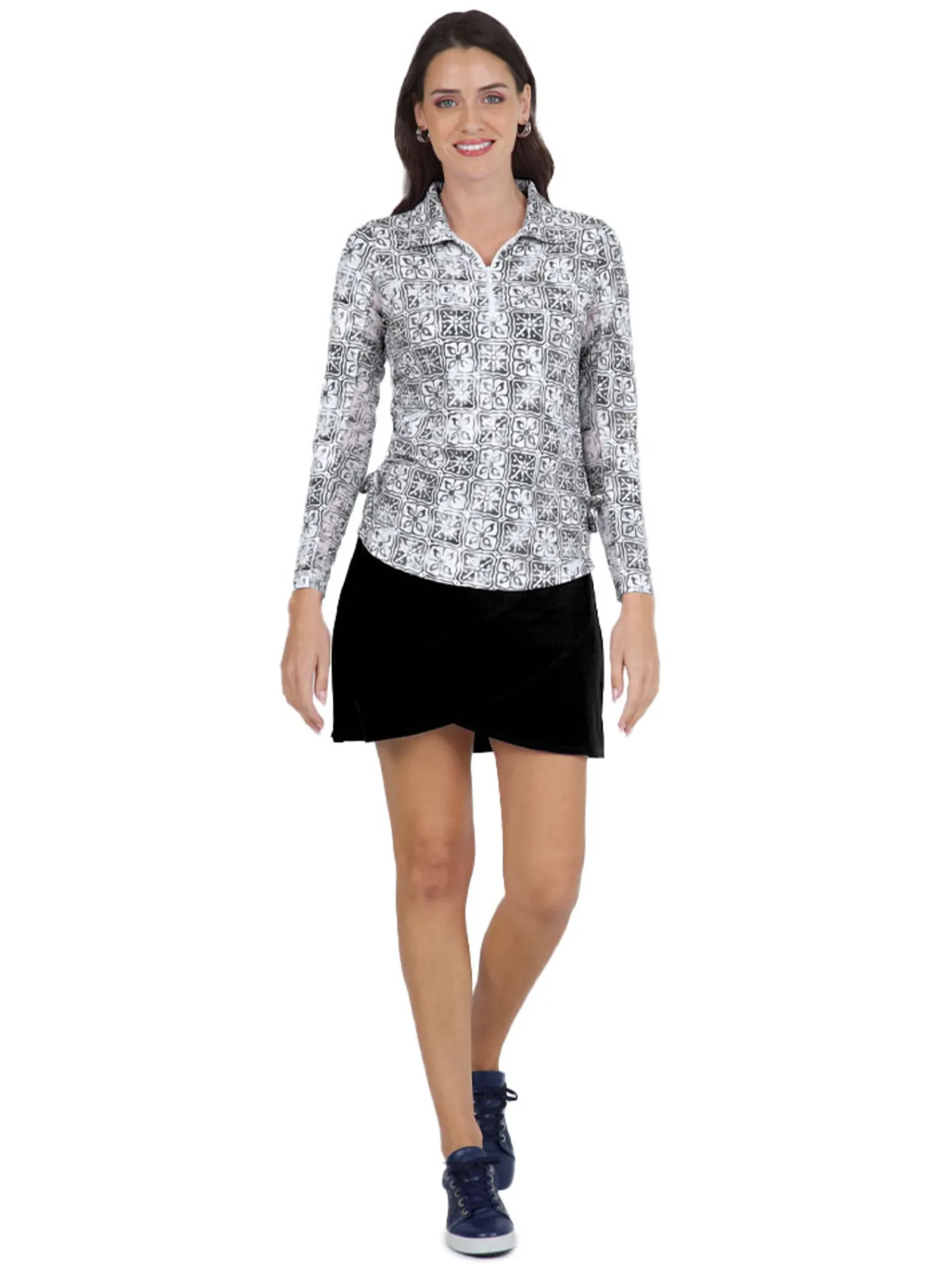 IBKUL Shirts|Kathy Print Long Sleeve Zip Polo - Black/Grey