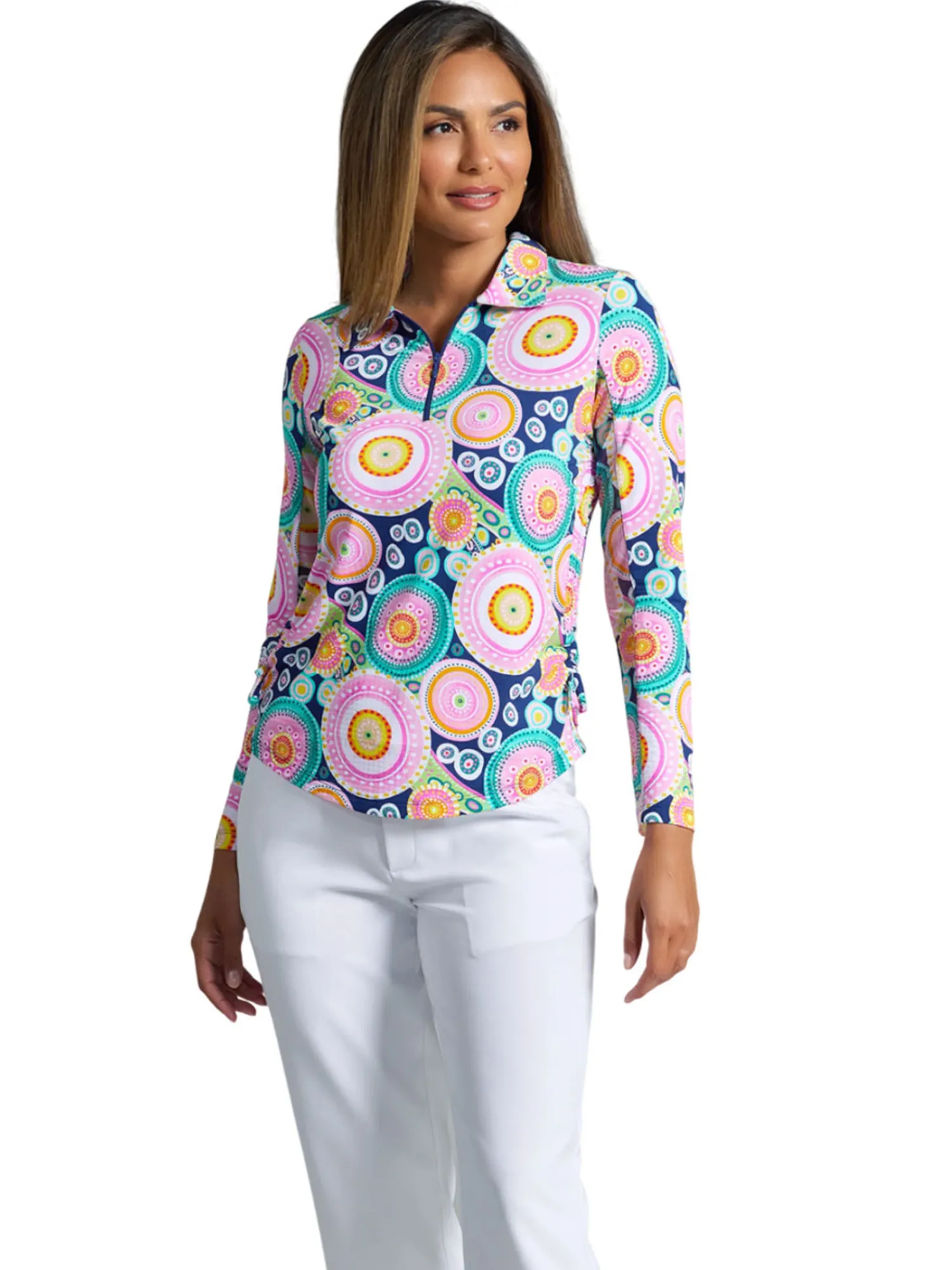 IBKUL Shirts|Leona Print Long Sleeve Zip Polo - Navy Multi