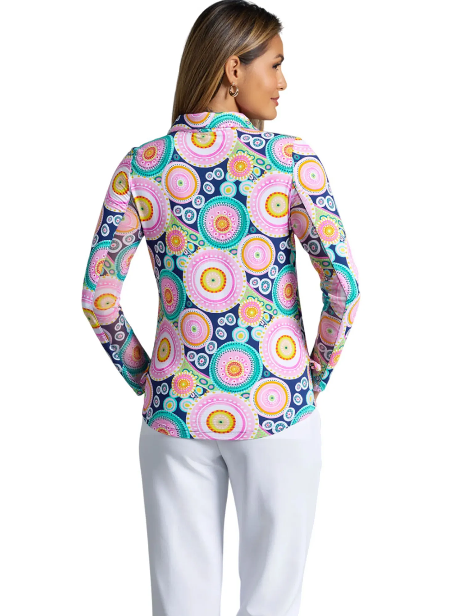 IBKUL Shirts|Leona Print Long Sleeve Zip Polo - Navy Multi