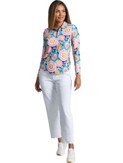 IBKUL Shirts|Leona Print Long Sleeve Zip Polo - Navy Multi