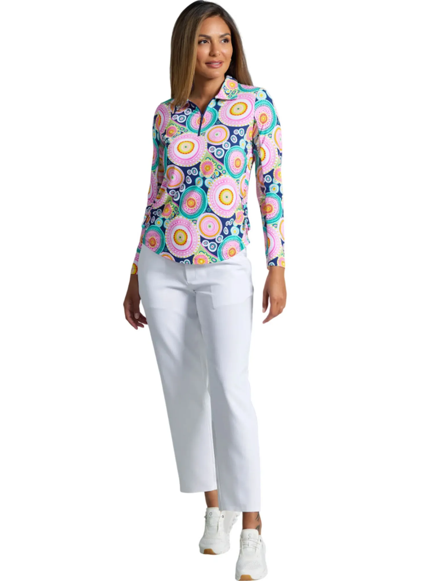 IBKUL Shirts|Leona Print Long Sleeve Zip Polo - Navy Multi