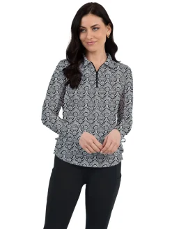 IBKUL Shirts|Leslie Print Long Sleeve Zip Polo - Black/White