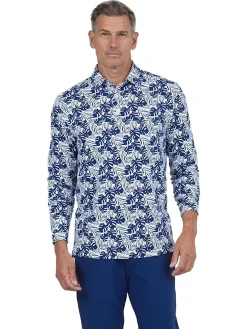 IBKUL Shirts|Palm Leaf Print Long Sleeve Polo - White/Ink