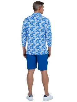IBKUL Shirts|Palm Leaf Print Long Sleeve Polo - White/Royal