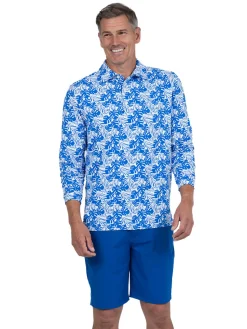 IBKUL Shirts|Palm Leaf Print Long Sleeve Polo - White/Royal