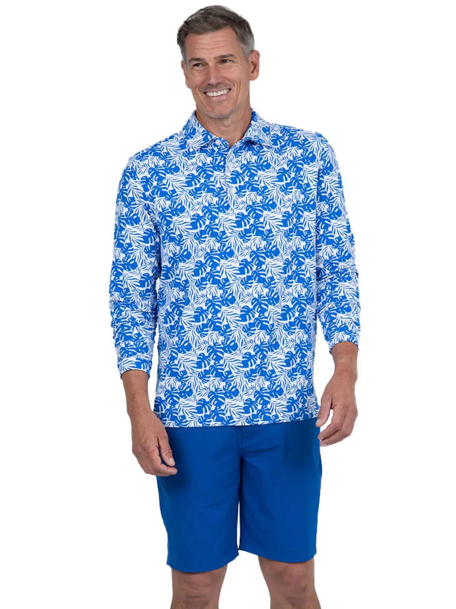 IBKUL Shirts|Palm Leaf Print Long Sleeve Polo - White/Royal