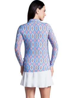 IBKUL Shirts|Romina Print Long Sleeve Zip Polo - Blue Multi